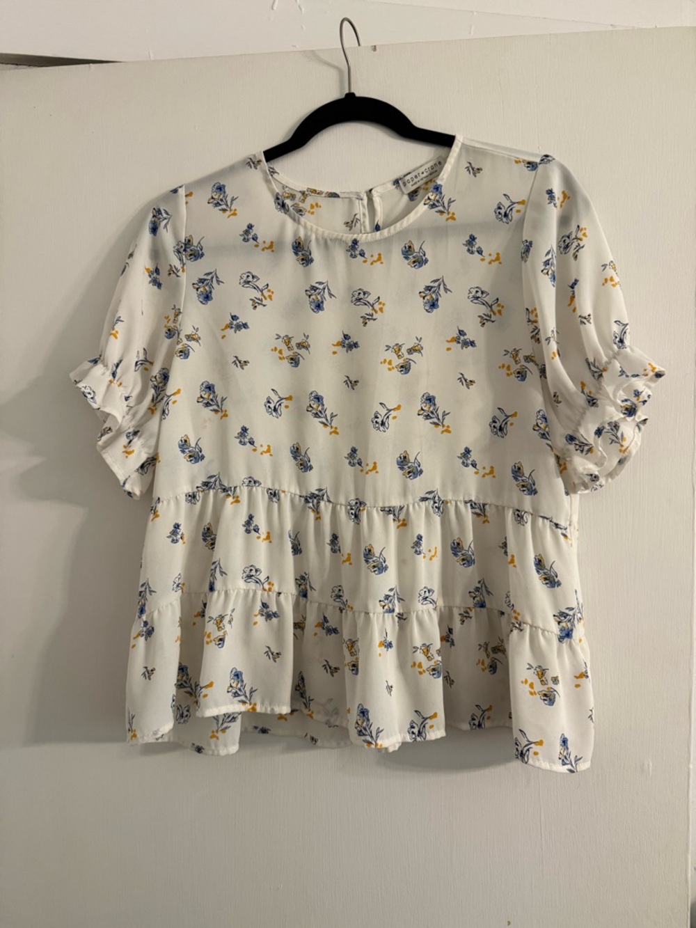 Paper Crane Cream Floral Ruffle Peplum Blouse with Blue and Yellow Print